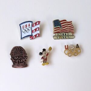 Vtg‎ Patroitic American Flag USA Olympic Team & Disney Lapel Pins Lot - Set of 5